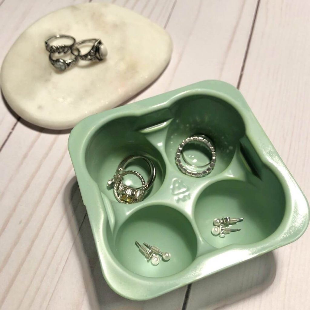 DIY perfectlyfree non-dairy frozen bites green tray as jewelry holder 