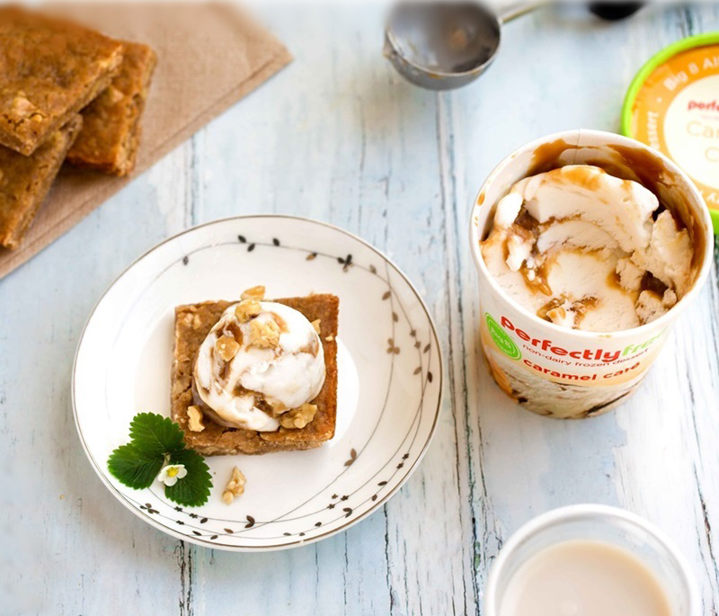 Overheard shot of vegan salted caramel cafe blondies and caramel cafe pint